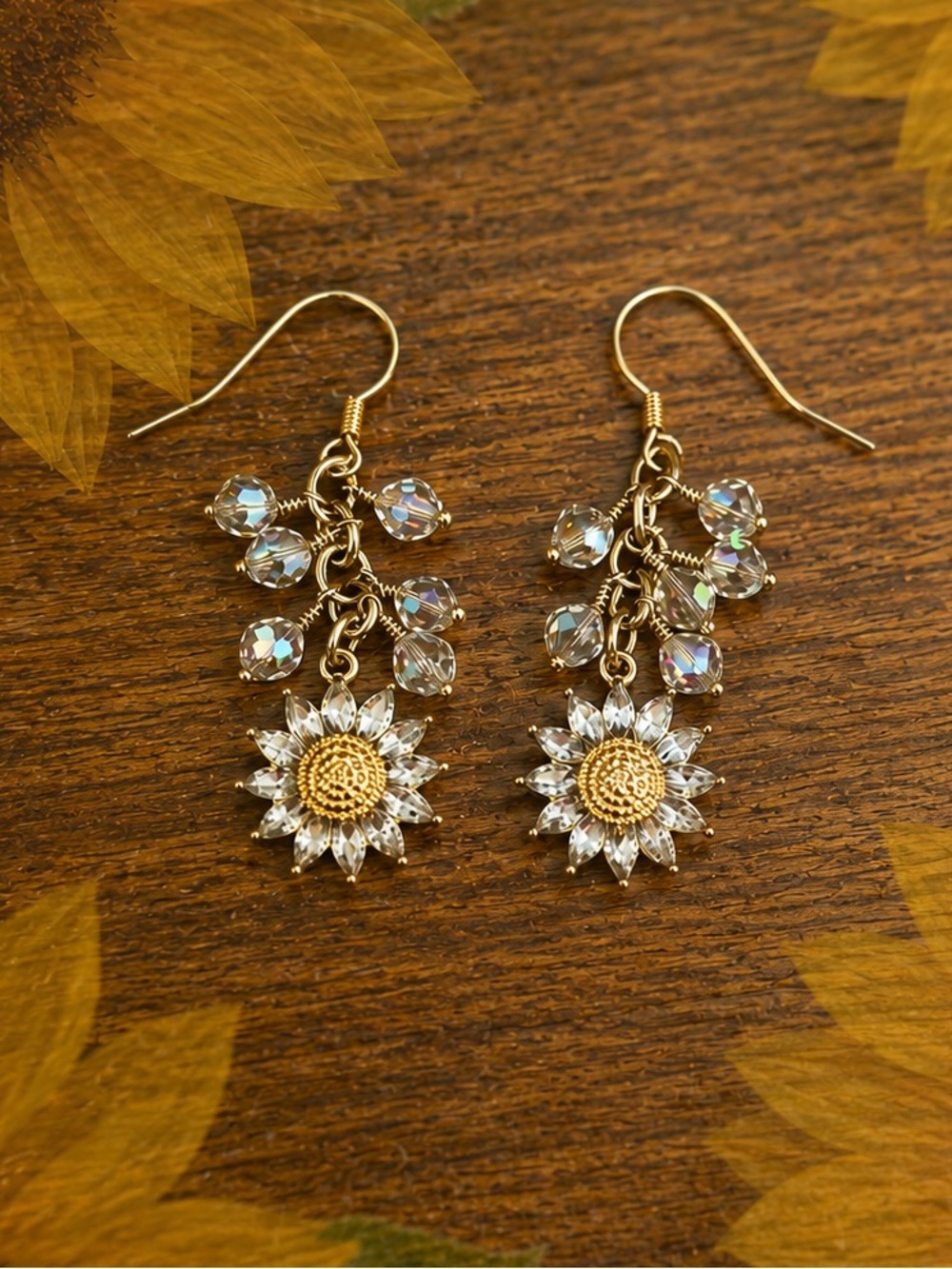 Hand Crafted Gold Sunflower Cha Cha Earrings - Picture 2 of 3